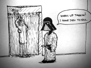 Vader waits for a shower
